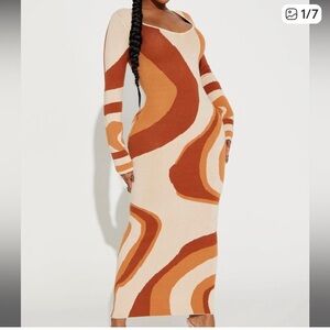 Fashion Nova Swirl Long Sleeve Dress in Creams and Tans